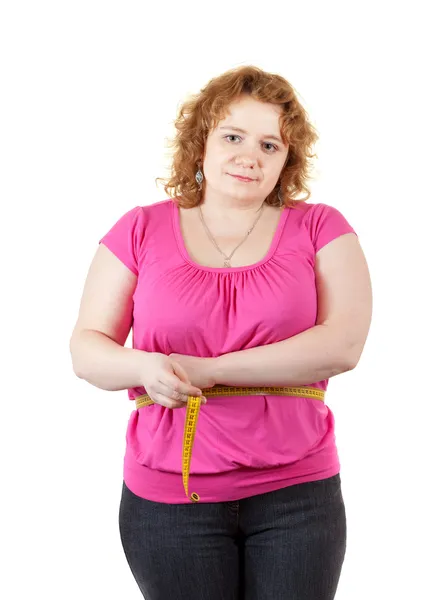 Mulher gorda medindo cintura — Fotografia de Stock