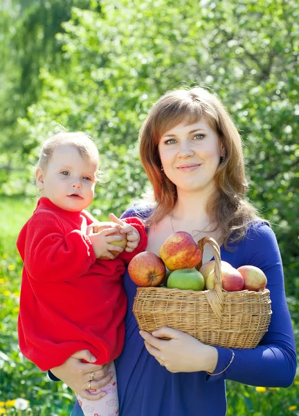 Família com maçãs colhidas — Fotografia de Stock