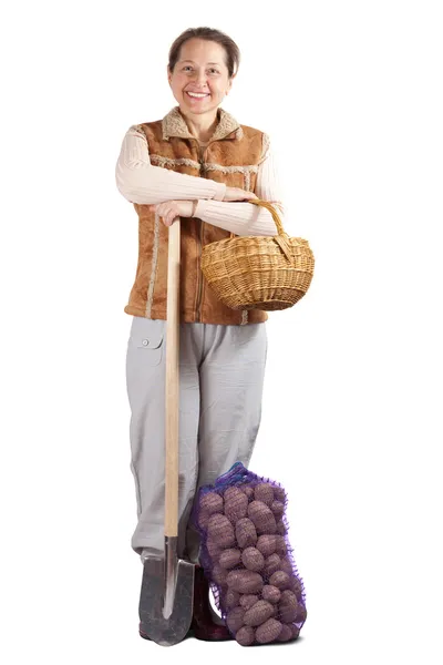 Woman with spade and harvested potatoes — Stock Photo, Image