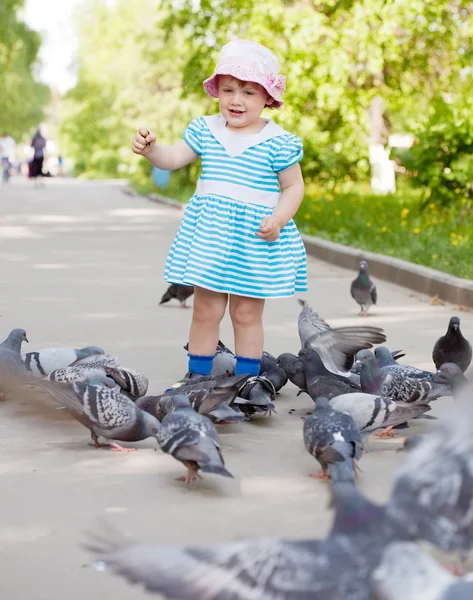 Niña de dos años alimentando palomas — Foto de Stock