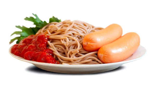 Pasta med korv och ketchup — Stockfoto