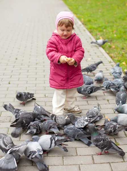 Dva rok dívka krmení holubů — Stock fotografie