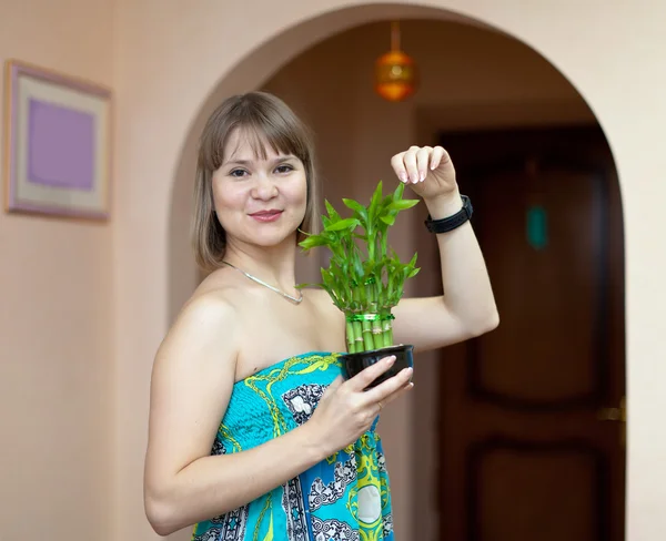 Flicka med dracaena i potten — Stockfoto