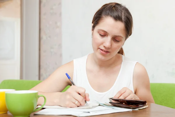 Mujer con cuenta y dinero — Foto de Stock