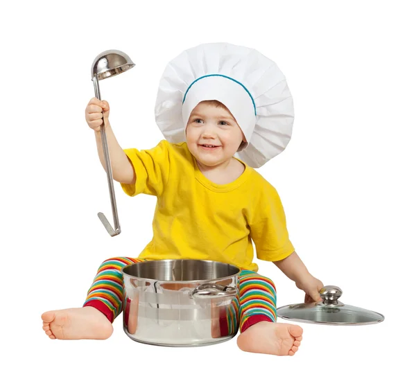 Cozinheiro de bebê com panela. Isolado sobre branco — Fotografia de Stock
