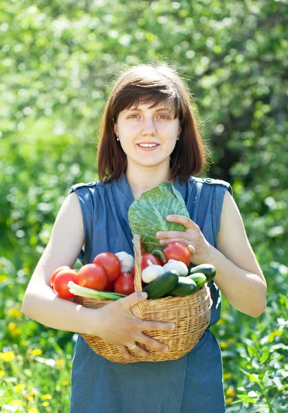 Жінка з овочами збирає в саду — стокове фото