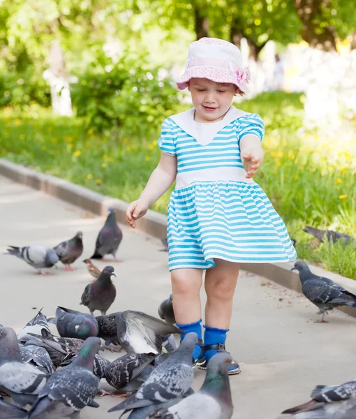 Двухлетняя девочка кормит голубей — стоковое фото