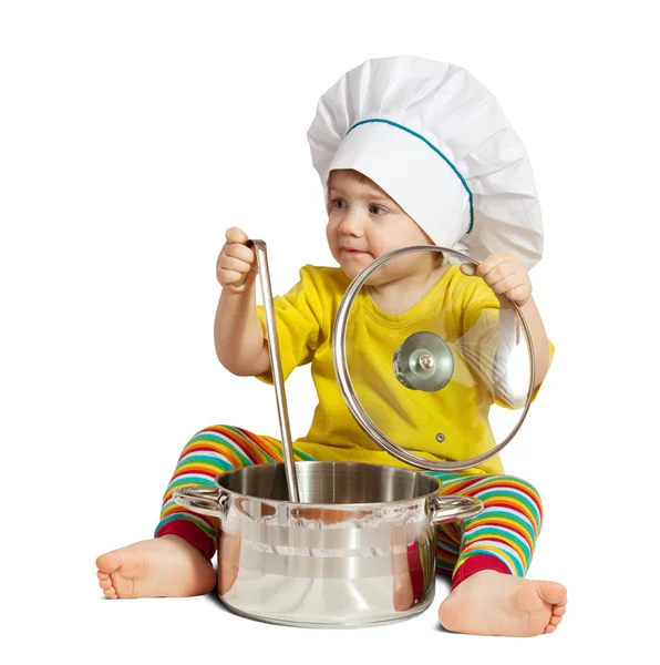 Baby cook with pan. Isolated over white — Stock Photo, Image