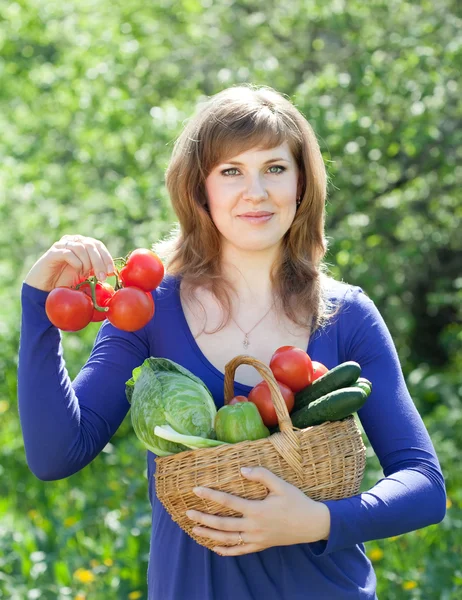 Mujer con cesta de verduras cosechadas — Foto de Stock