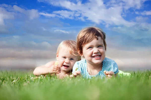 Veselá sourozenec hraje v trávě — Stock fotografie