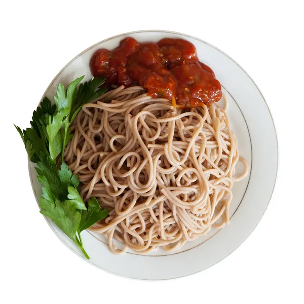 Top view of spaghetti pasta with ketchup — Stock Photo, Image