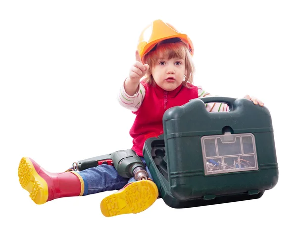 Bebê de chapéu duro com ferramentas de trabalho — Fotografia de Stock