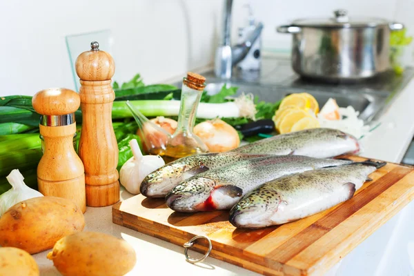 Fresh trout in kitchen — Stock Photo, Image