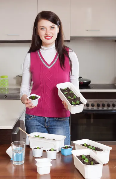 Happy brunette woman with sprouts — Stock Photo, Image