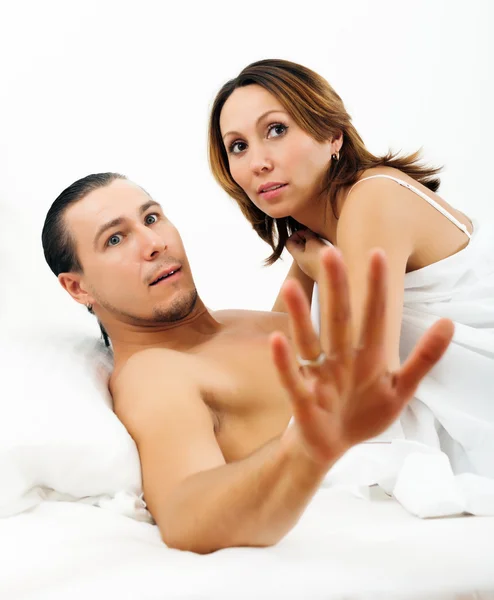 Frightened man and woman caught during sex — Stock Photo, Image