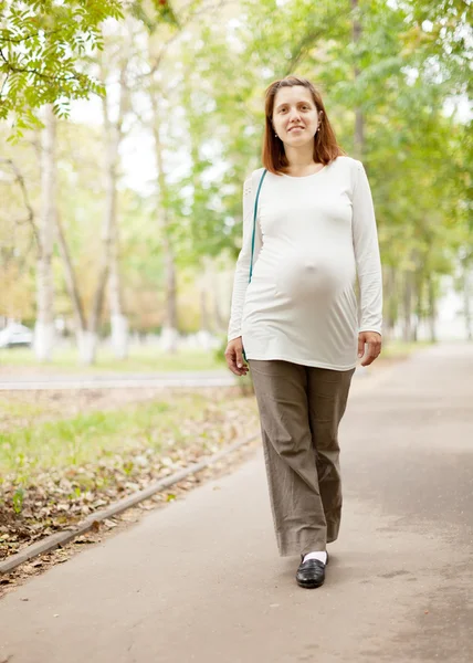 Mulher grávida caminha parque de verão — Fotografia de Stock