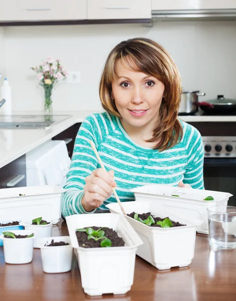 Chica en verde trabajando con plántulas en la mesa — Foto de Stock