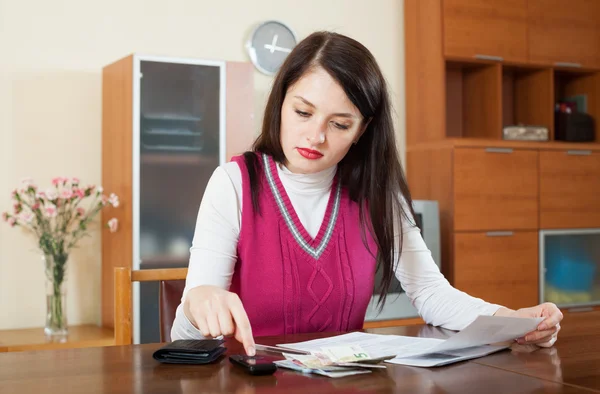 Mujer seria calculando el presupuesto familiar — Foto de Stock