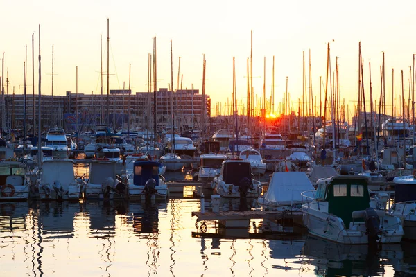 Hamn med båtar i soluppgången. Alicante — Stockfoto