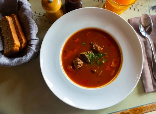 Plato popular de la cocina rusa es un apetecible sopa de carne abundante goulash — Foto de Stock