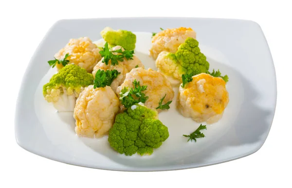 Image of fish balls of tasty white fish served with brokkoli at plate — Stock Photo, Image