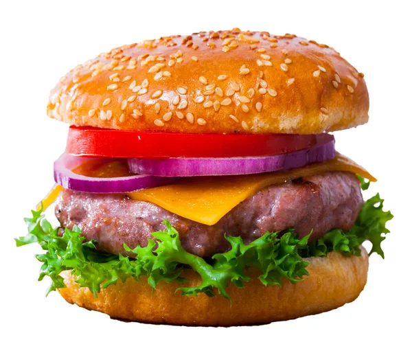 Hamburger se sýrem, rajčaty, cibulí — Stock fotografie