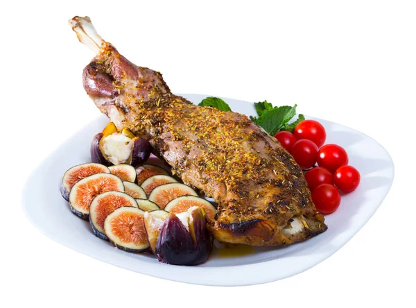 Lamb shoulder baked with figs, feta, tomatoes — Stock Photo, Image