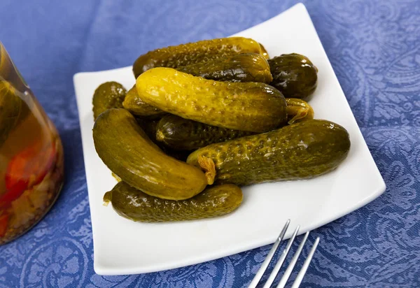 Marinated cucumbers pods served on plate — Stock Photo, Image
