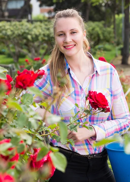Jeune femme tenant un panier et debout dans le parc des roses — Photo