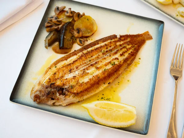 Roasted black sole fish with stewed vegetables and lemon — Stock Photo, Image