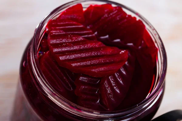 Glass jar of homemade pickled beetroot — Stock Photo, Image