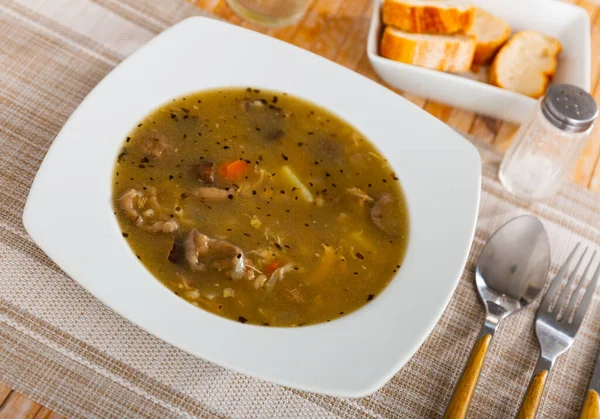 Sopa de cerdo y champiñones con patatas, zanahorias y cebollas — Foto de Stock