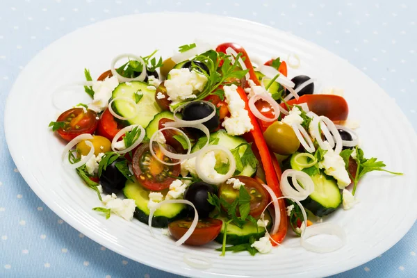 Salat mit Tomaten, Brynza-Käse, Zwiebeln und Gurken, sopska salata — Stockfoto