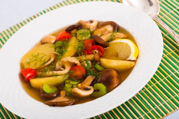 Soup in rustic style with mushroom — Stock Photo, Image