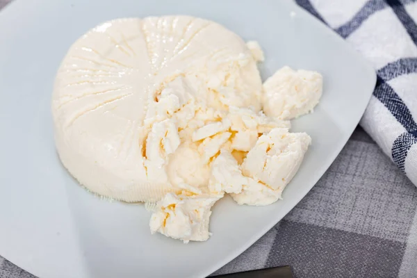 Brined curd white cheese on plate — Stok fotoğraf