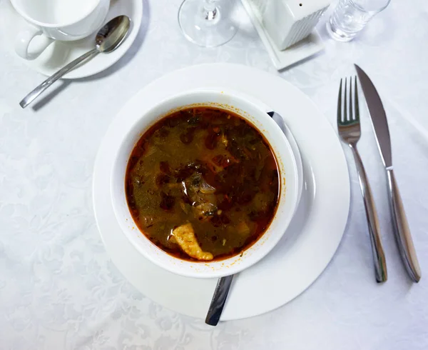 Soupe Traditionnelle Géorgienne Kharcho Viande Agneau Servi Dans Une Assiette — Photo