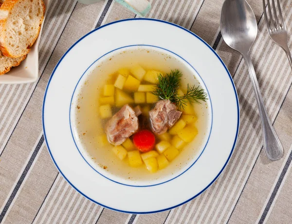 Deliciosa Sopa Gruesa Estilo Rústico Cocinada Caldo Carne Con Cerdo — Foto de Stock