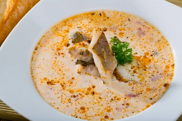 Chowder Bacalhau Com Verduras Prato Cozinha Norueguesa — Fotografia de Stock