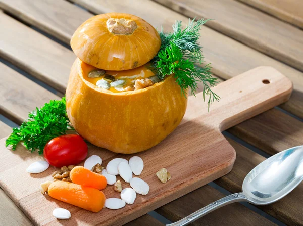 Close Cooked Homemade Vegetable Pumpkin Cream Soup Pumpkin — Stock Photo, Image