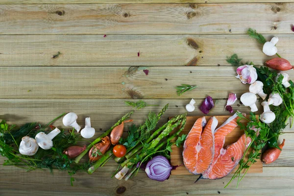 Natural Border Fresh Food Objects Raw Salmon Vegetables Mushrooms Greens — Stock Photo, Image