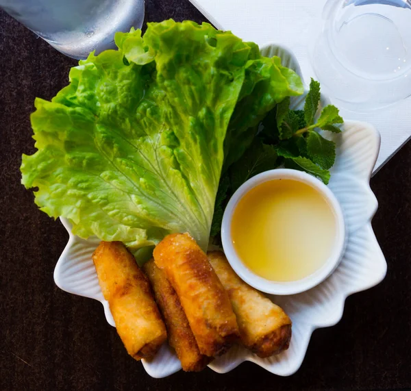 Top View Deep Fried Nem Rolls Rice Paper Traditionally Serving — Stock Photo, Image