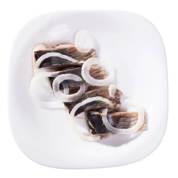 Top View Sliced Pickled Herring Filets Onion Served White Plate — стоковое фото
