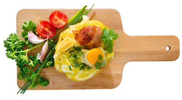 Appetizing Baked Potato Filling Cheese Eggs Herbs Served Cutting Board — Stock Photo, Image