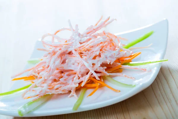 Healthy Fresh Carrot Salad Sour Cream Garlic Served White Plate Stock Picture