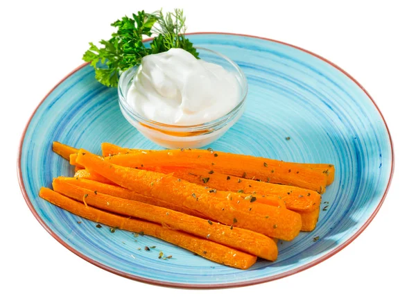 Sabroso Plato Vegetariano Palitos Zanahoria Fritos Servidos Plato Con Crema — Foto de Stock