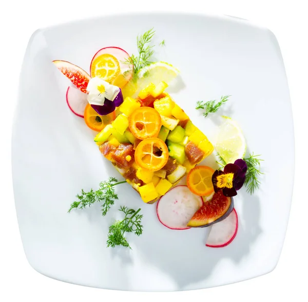 Vista Dall Alto Della Tartare Tonno Crudo Con Mango Avocado — Foto Stock