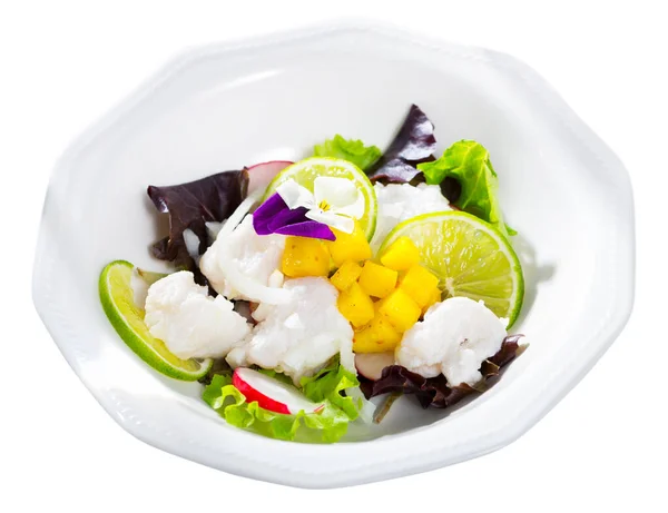 Delicious Whitefish Ceviche Mango Lime Served White Plate Isolated White — Stock Photo, Image