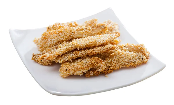 Appetizing Deep Fried Chicken Strips Sesame Vegetable Sauce Isolated White — Stock Photo, Image