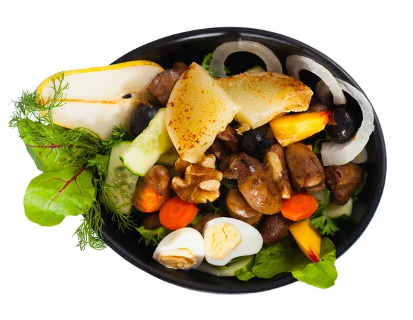 Appetizing Braised Chicken Hearts Served Salad Roasted Cheese Fresh Peach — Stock Photo, Image