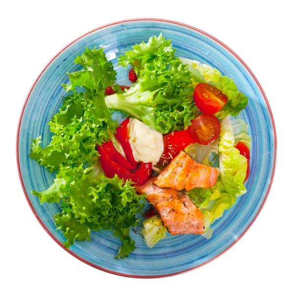 Delicious Roasted Trout Fillet Lettuce Salad Tomatoes Creamy Sauce Isolated — Stock Photo, Image